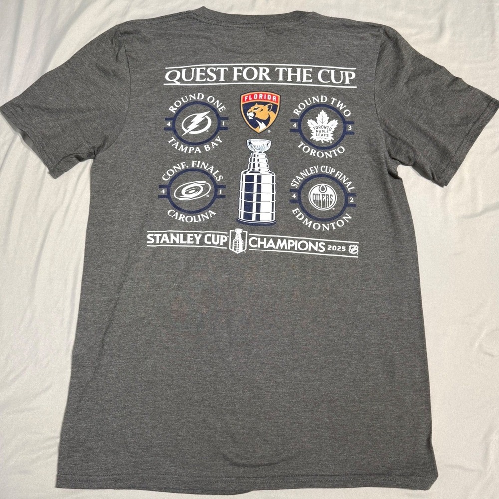Florida Panthers 2025 Stanley Cup Champions Quest For Cup NHL Shirt Mens S NEW - Picture 2 of 6